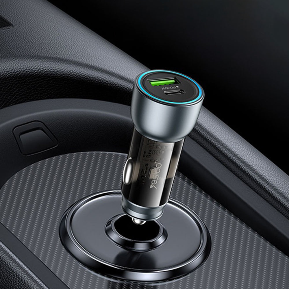 Carregador Auto Yesido Y49, 30W, 3A, 1 x USB-A - 1 x USB-C, Cinzento