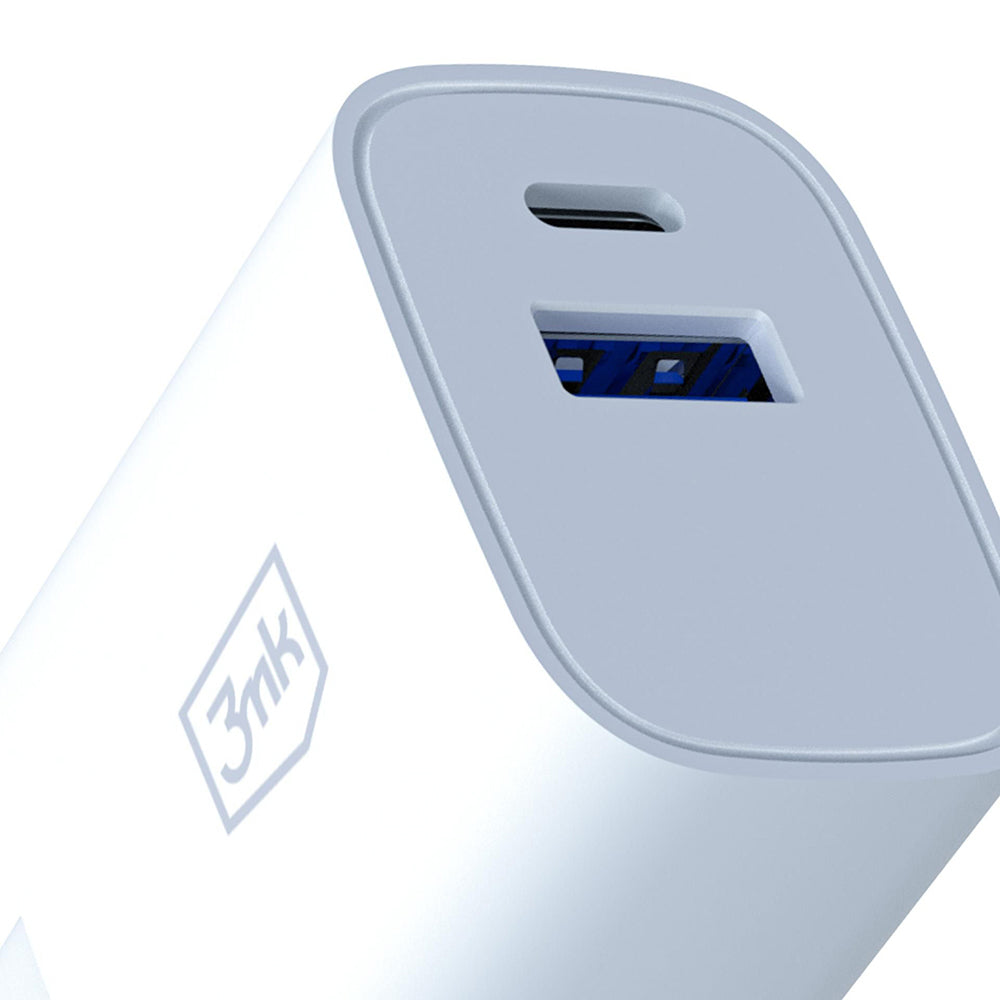Carregador de Rede 3MK FlowPower, 30W, 1 x USB-A - 1 x USB-C, Branco