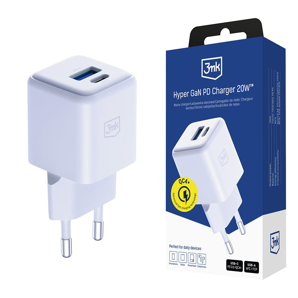 Carregador de Rede 3MK Hyper, 20W, 3A, 1 x USB-A - 1 x USB-C, Branco