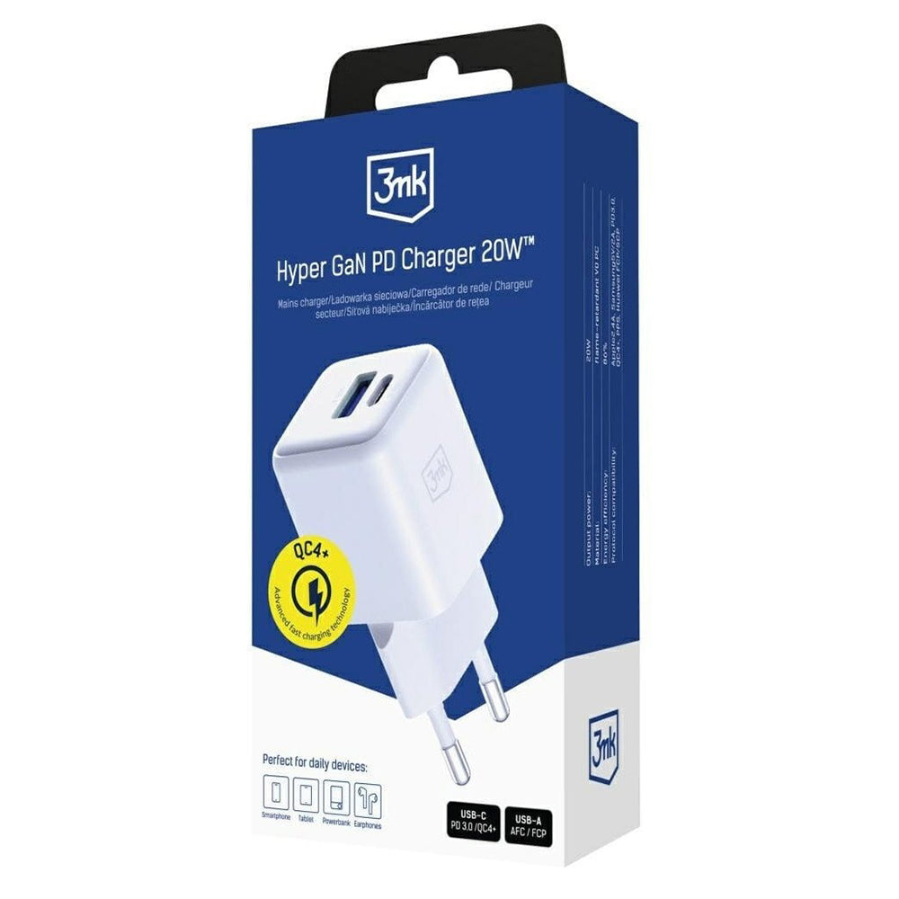 Carregador de Rede 3MK Hyper, 20W, 3A, 1 x USB-A - 1 x USB-C, Branco