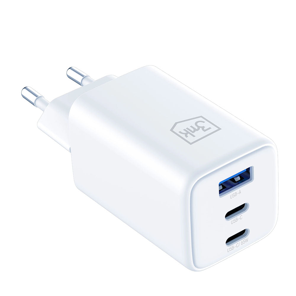 Carregador de Rede 3MK Hyper, 65W, 3.25A, 1 x USB-A - 2 x USB-C, Branco