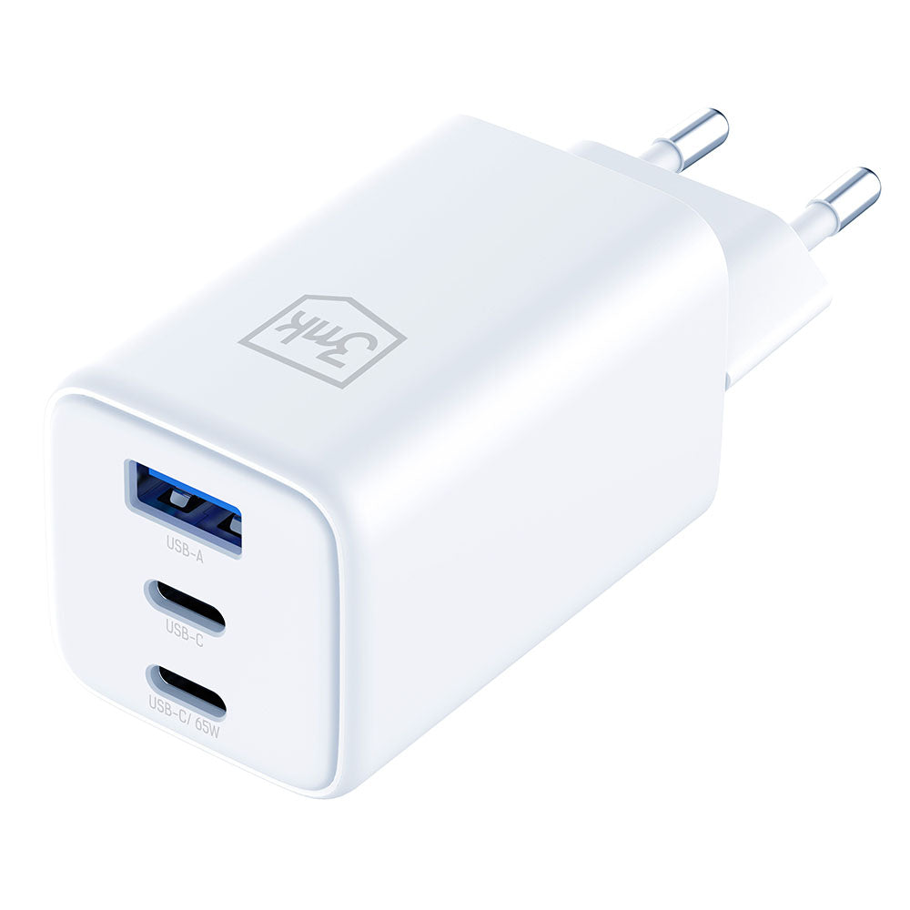Carregador de Rede 3MK Hyper, 65W, 3.25A, 1 x USB-A - 2 x USB-C, Branco