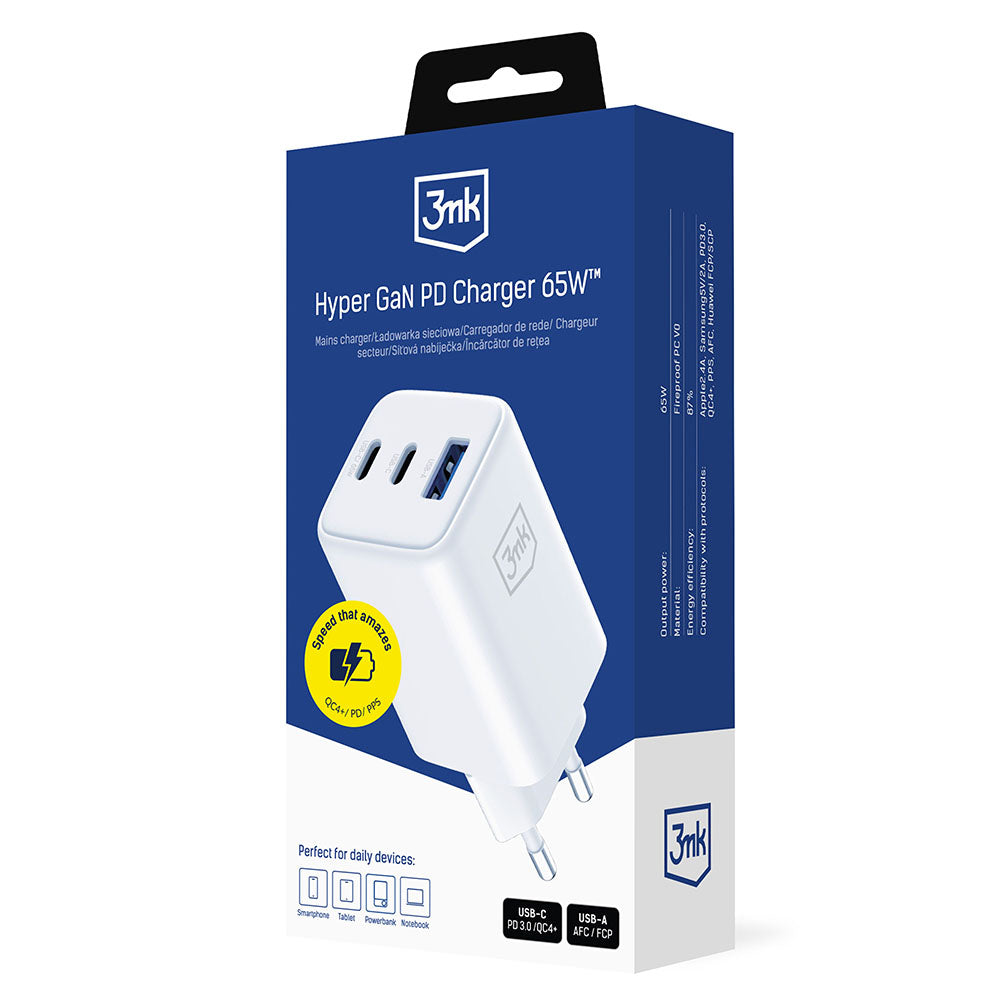 Carregador de Rede 3MK Hyper, 65W, 3.25A, 1 x USB-A - 2 x USB-C, Branco