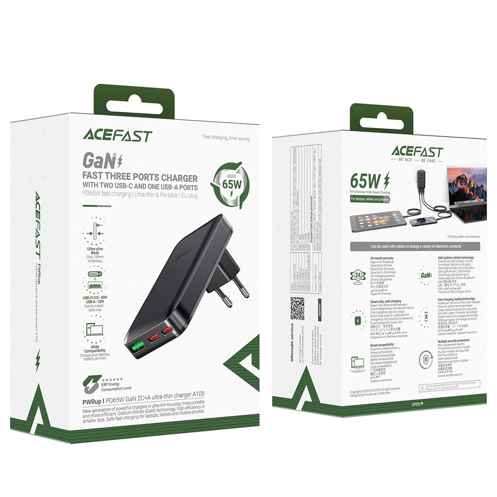 Carregador de Rede Acefast A100, 65W, 3.25A, 1 x USB-A - 2 x USB-C, Preto