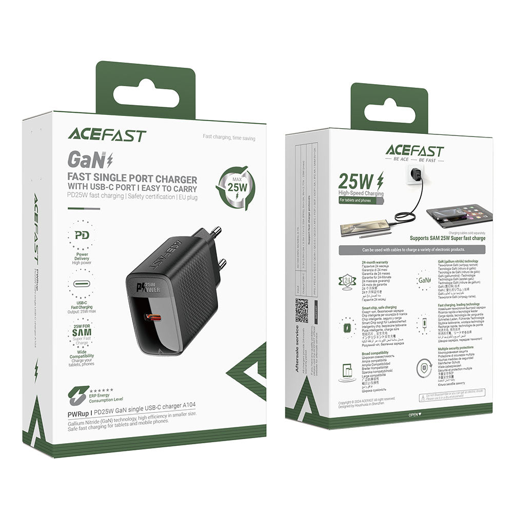 Carregador de Rede Acefast A104, 25W, 3A, 1 x USB-C, Preto