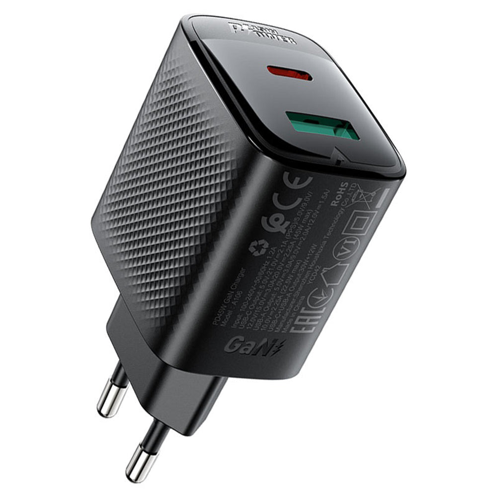 Carregador de Rede Acefast A106, 45W, 3A, 1 x USB-A - 1 x USB-C, Preto