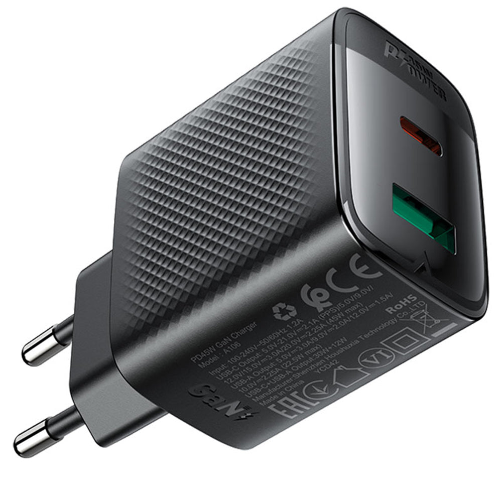 Carregador de Rede Acefast A106, 45W, 3A, 1 x USB-A - 1 x USB-C, Preto