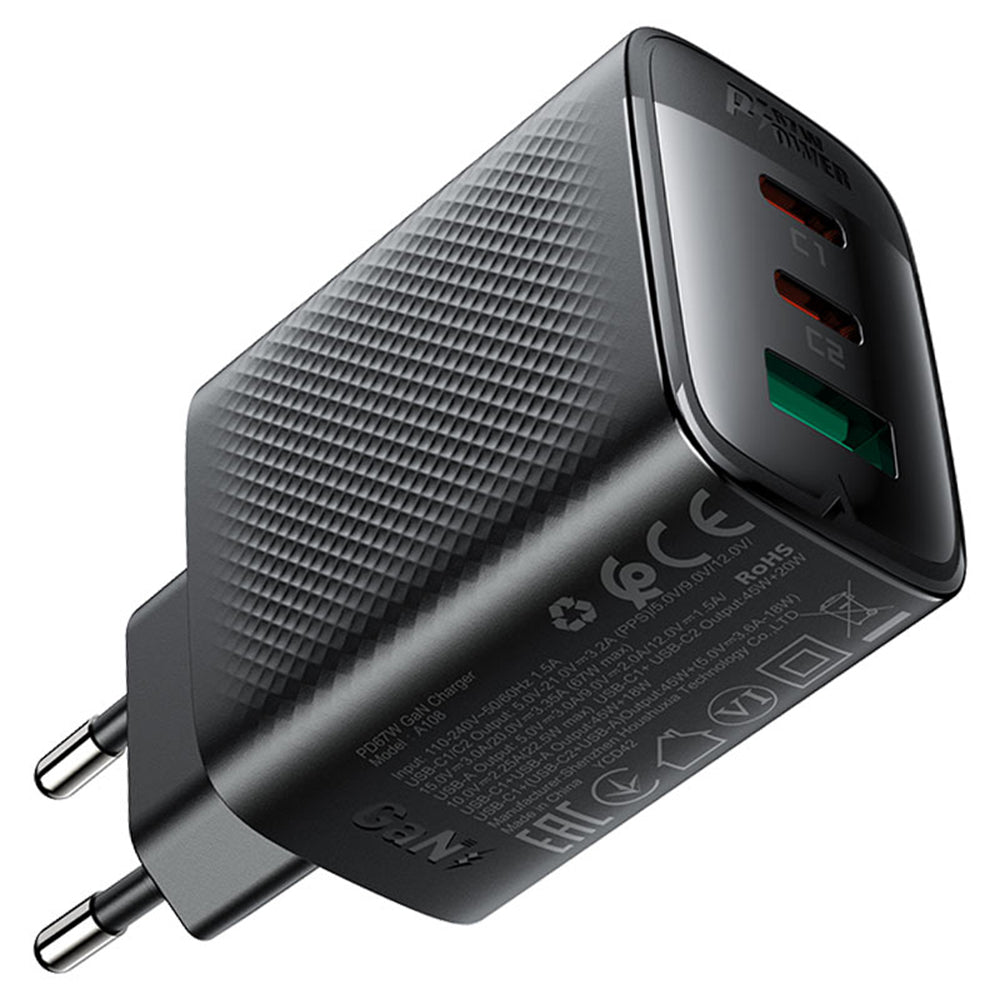 Carregador de Rede Acefast A108, 67W, 3A, 1 x USB-A - 2 x USB-C, Preto