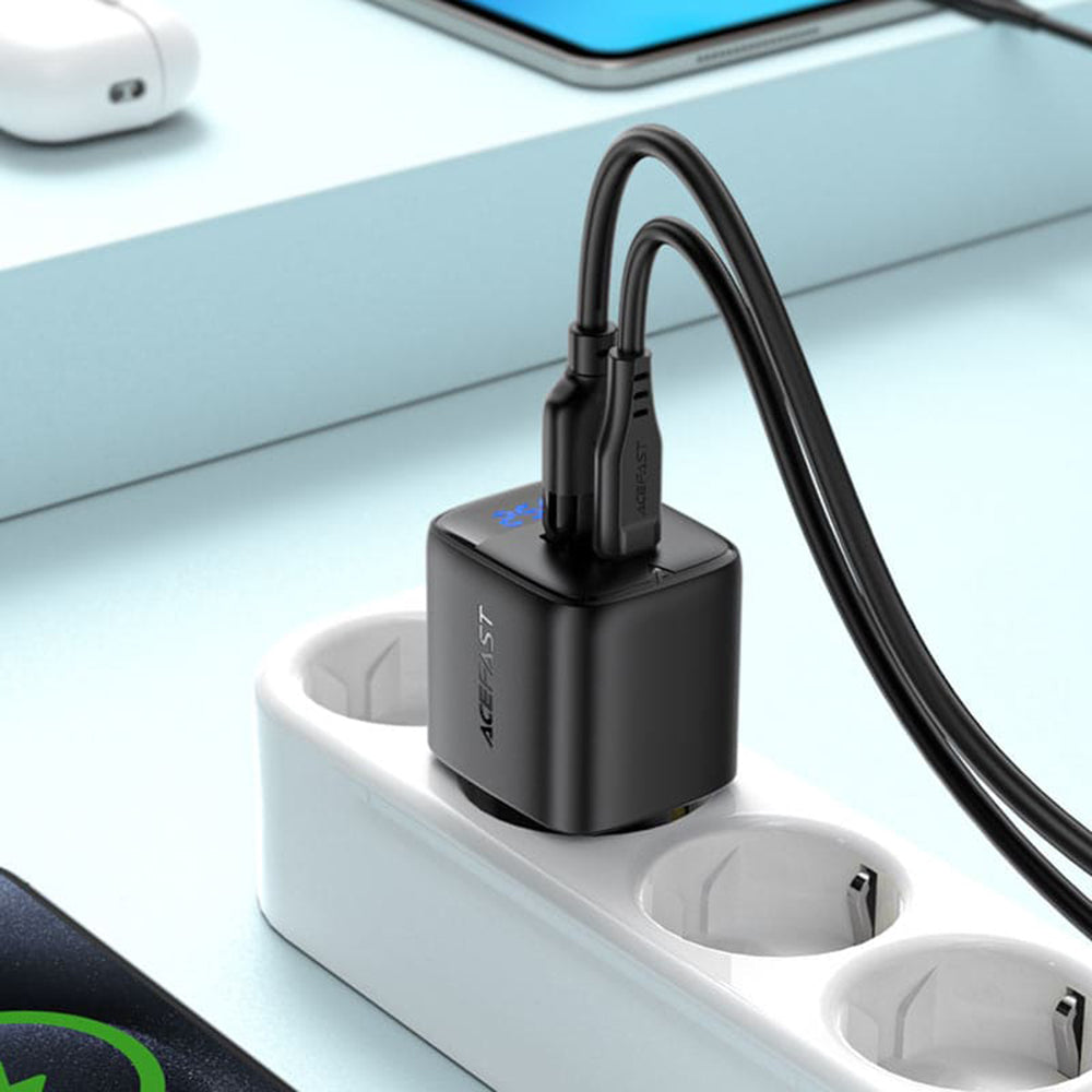 Carregador de Rede Acefast A114 Display, 25W, 3A, 1 x USB-A - 1 x USB-C, Preto