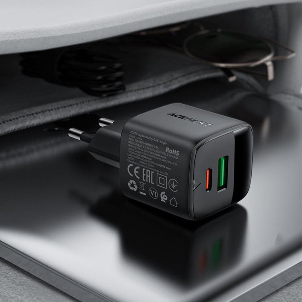 Carregador de Rede Acefast A114 Display, 25W, 3A, 1 x USB-A - 1 x USB-C, Preto