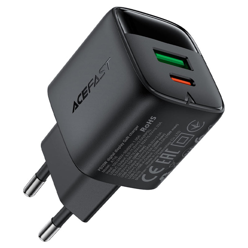 Carregador de Rede Acefast A116 Display, 35W, 3A, 1 x USB-A - 1 x USB-C, Preto