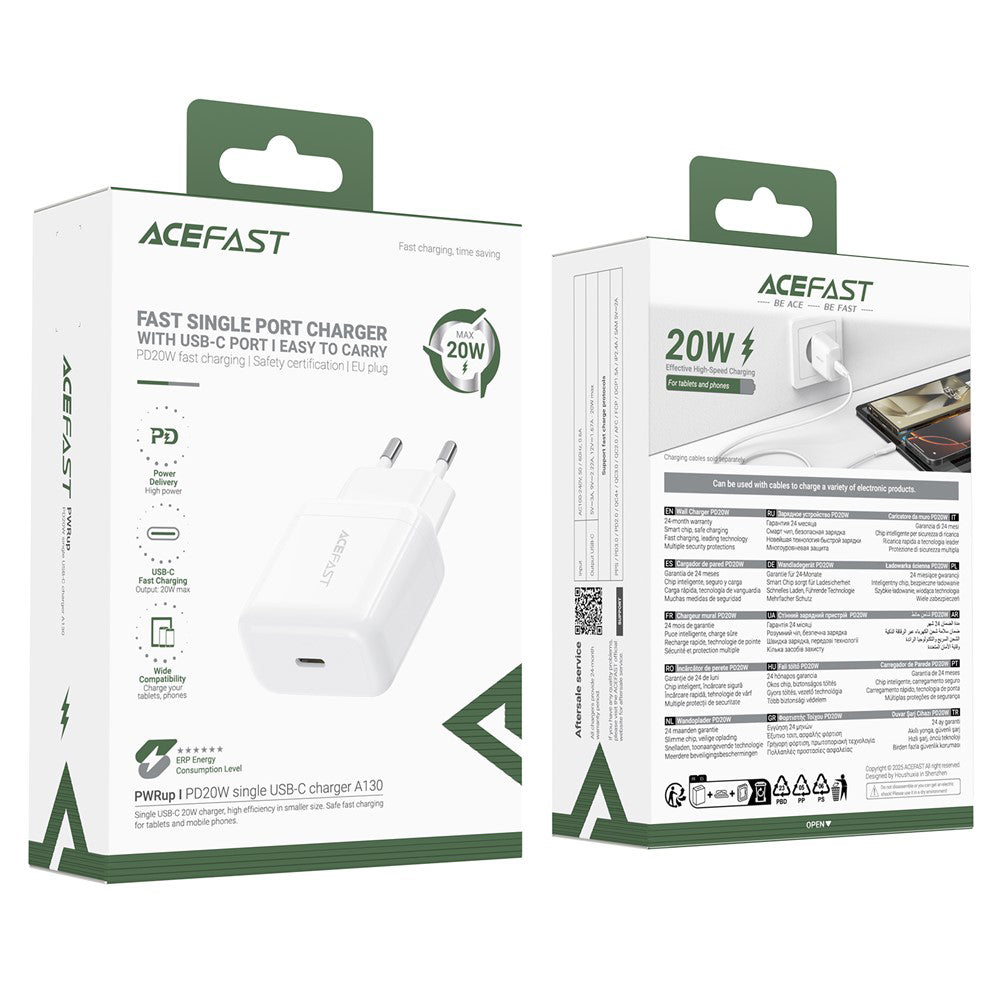 Carregador de Rede Acefast A130, 20W, 3A, 1 x USB-C, Branco