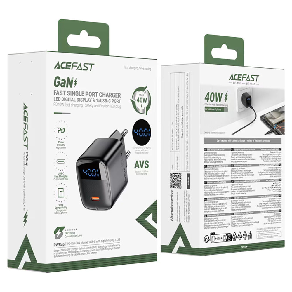 Carregador de Rede Acefast A135 Display, 45W, 3A, 1 x USB-C, Preto