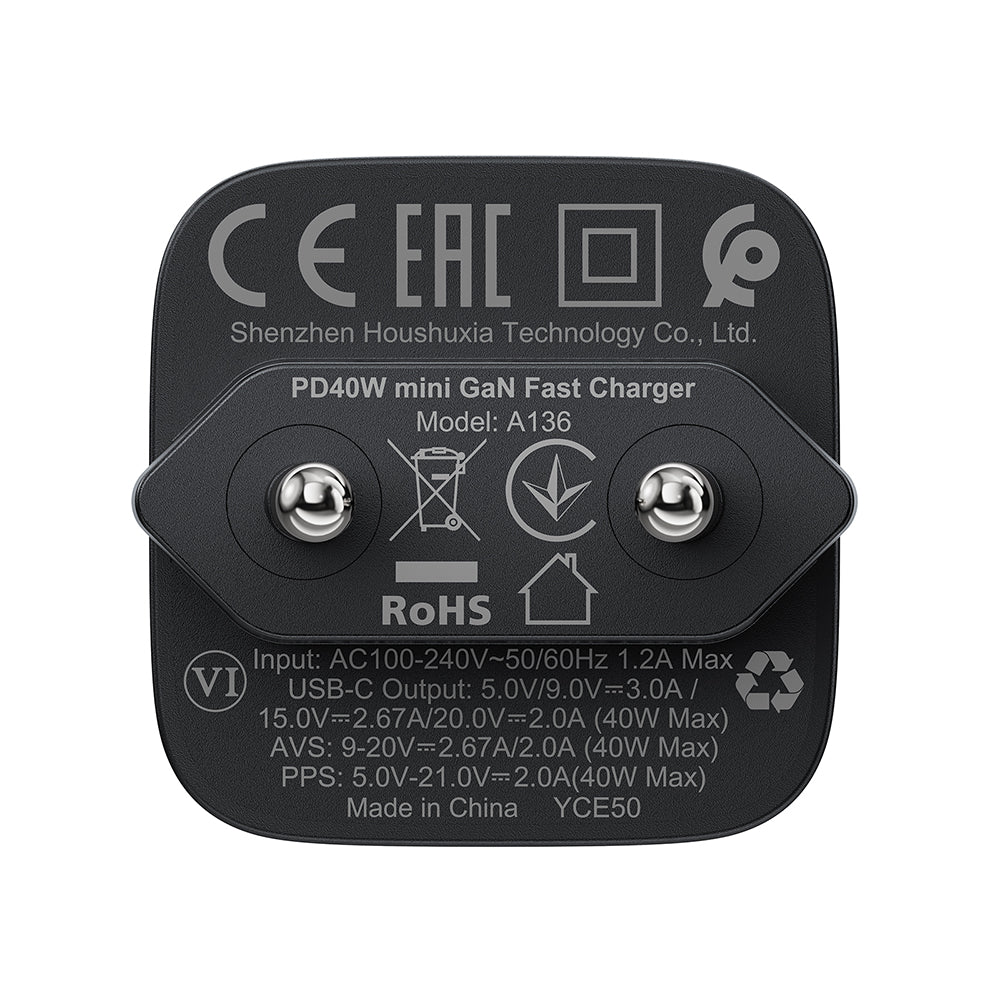 Carregador de Rede Acefast A136, 40W, 3A, 1 x USB-C, Preto