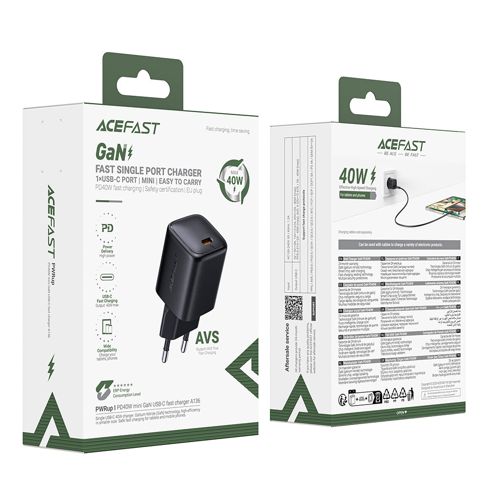 Carregador de Rede Acefast A136, 40W, 3A, 1 x USB-C, Preto