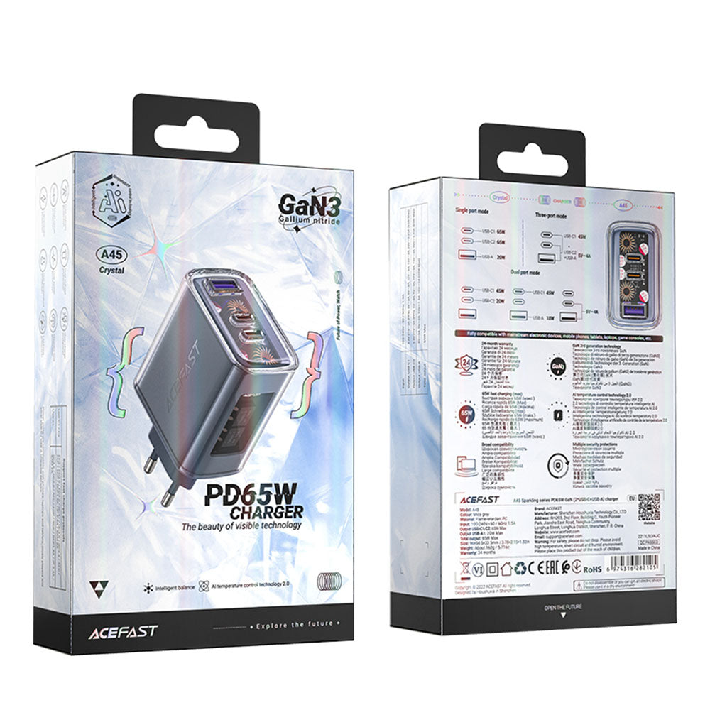 Carregador de Rede Acefast A45 Exploration, 65W, 3.25A, 1 x USB-A - 2 x USB-C, Cinzento