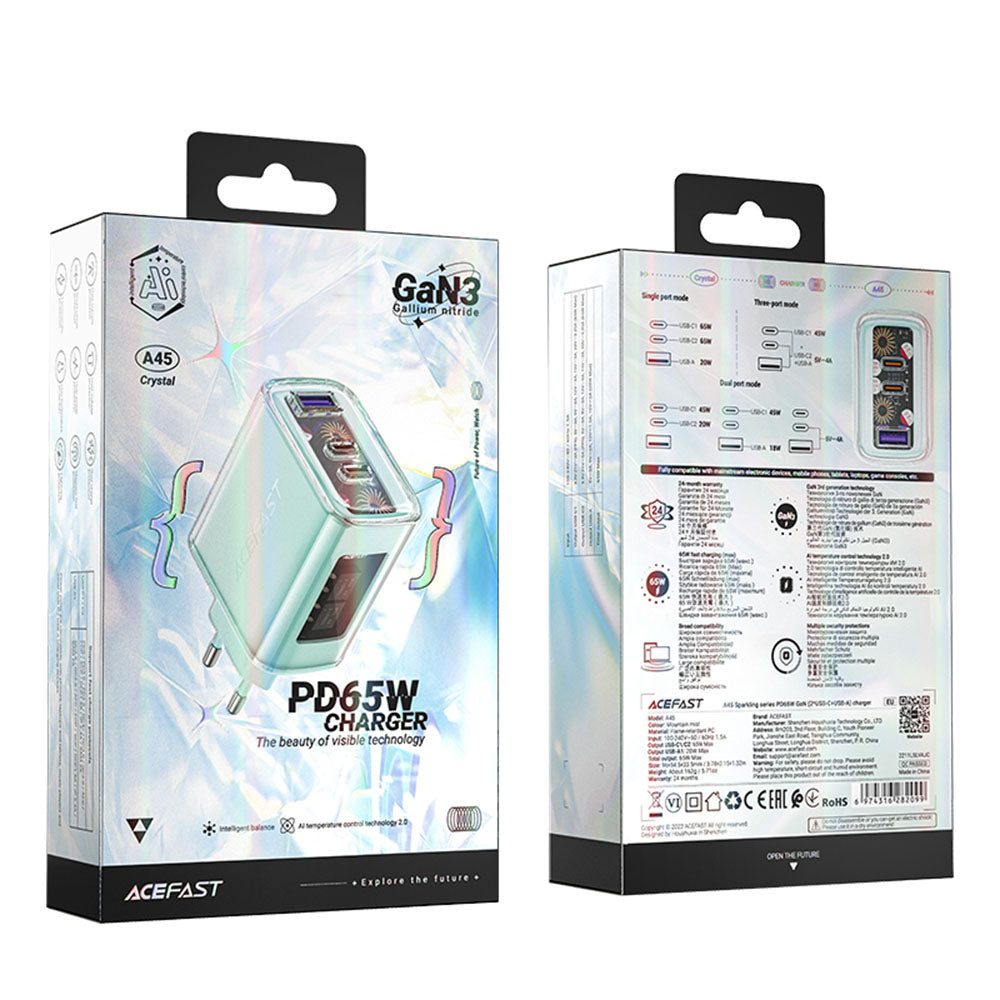 Carregador de Rede Acefast A45 Exploration, 65W, 3.25A, 1 x USB-A - 2 x USB-C, Verde