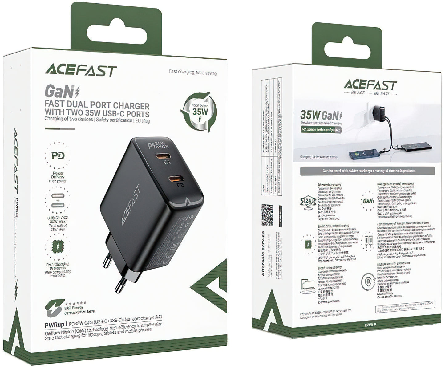 Carregador de rede Acefast A49, 35W, 3A, 2 x USB-C, preto
