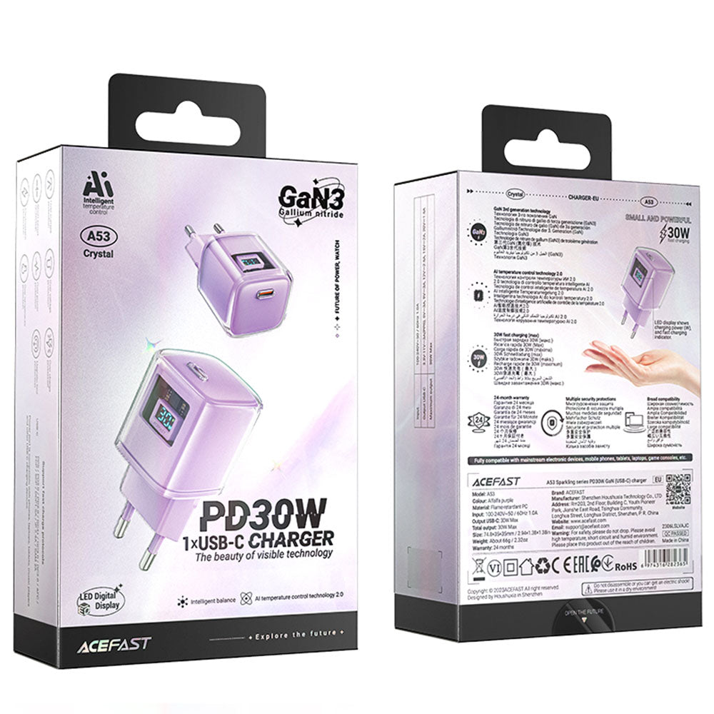 Carregador de Rede Acefast A53 Sparkling Display, 30W, 3A, 1 x USB-C, Roxo