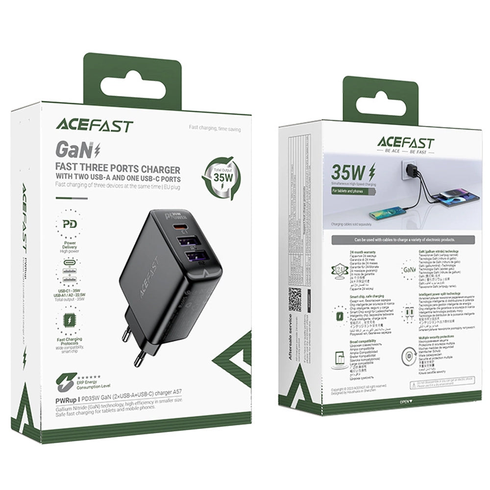 Carregador de Rede Acefast A57, 35W, 3A, 2 x USB-A - 1 x USB-C, Preto