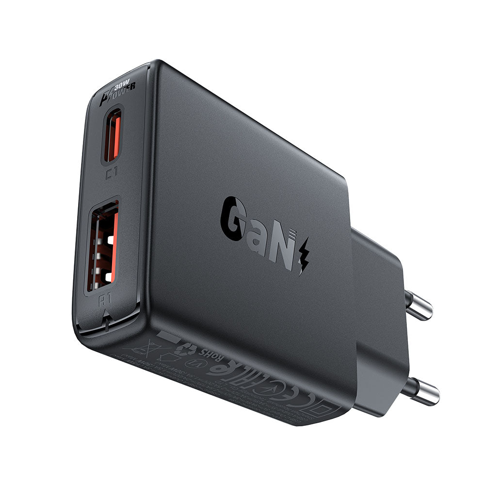 Carregador de Rede Acefast A69, 30W, 3A, 1 x USB-A - 1 x USB-C, Preto