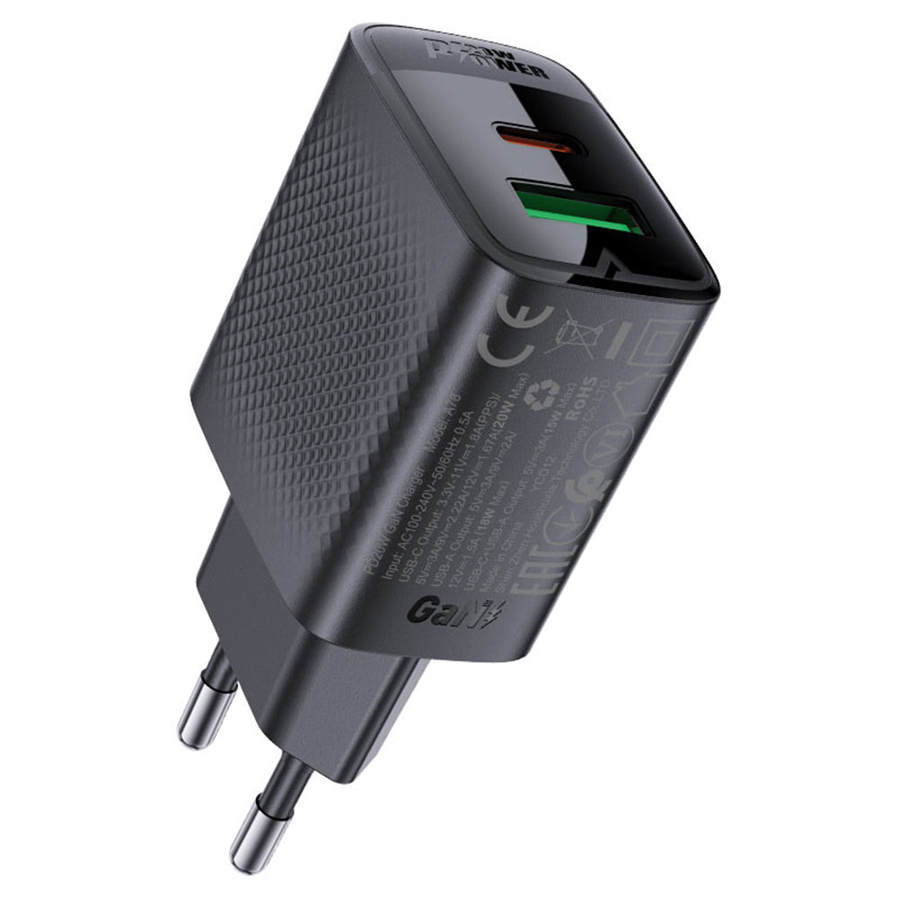 Carregador de Rede Acefast A78, 20W, 3A, 1 x USB-A - 1 x USB-C, Preto