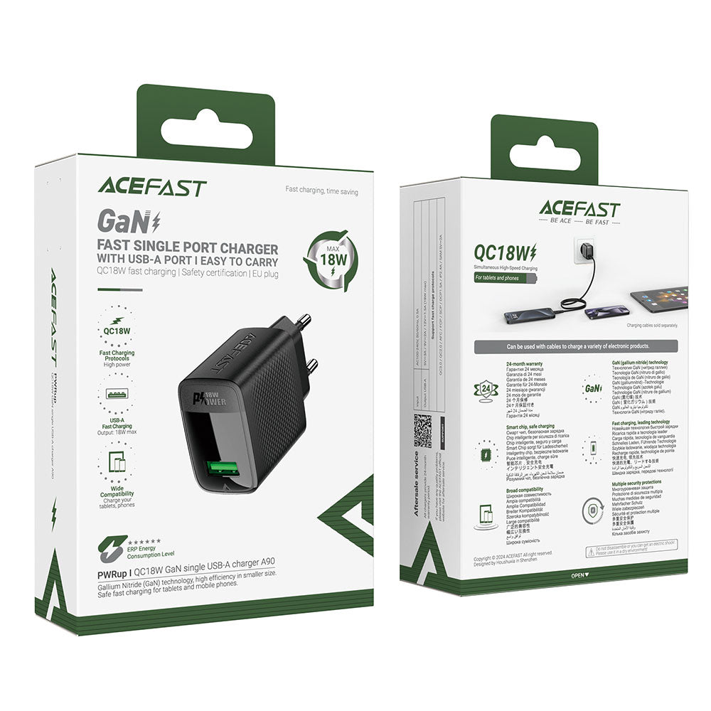 Carregador de Rede Acefast A90, 18W, 3A, 1 x USB-A, Preto