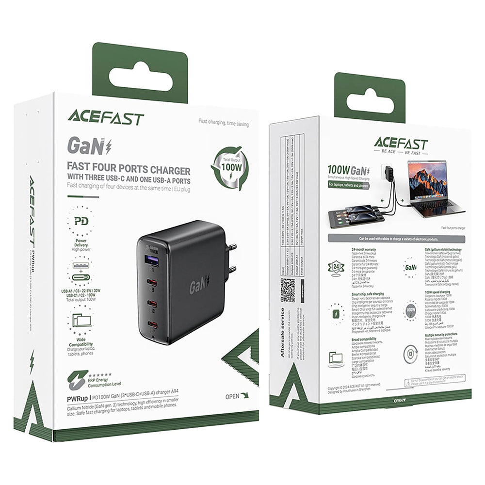 Carregador de Rede Acefast A94, 100W, 5A, 1 x USB-A - 3 x USB-C, Preto
