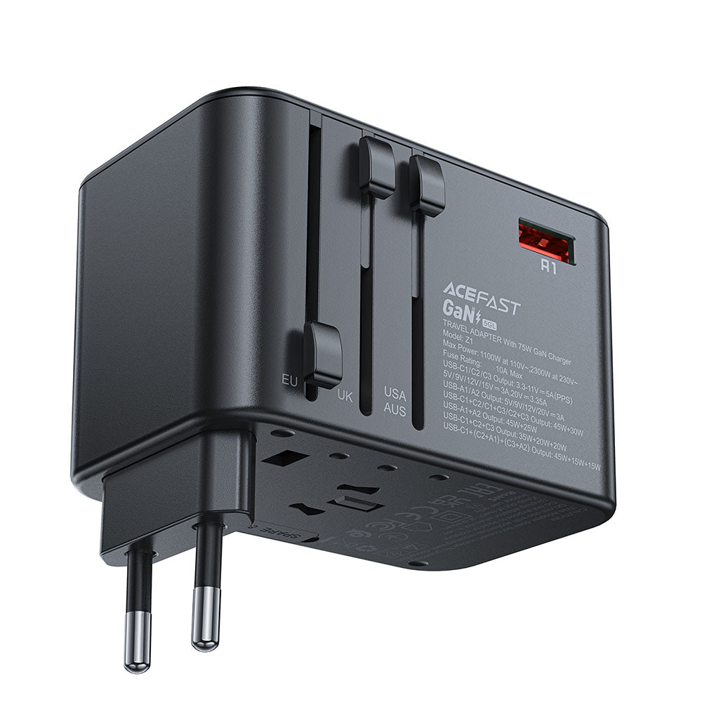 Carregador de Rede Acefast Travel Z1, 75W, 3.35A, 2 x USB-A - 3 x USB-C, Preto