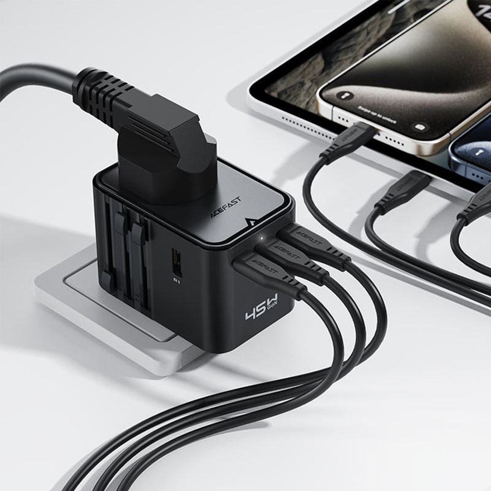 Carregador de Rede Acefast Z8 Travel, 45W, 3A, 2 x USB-A - 3 x USB-C, Preto