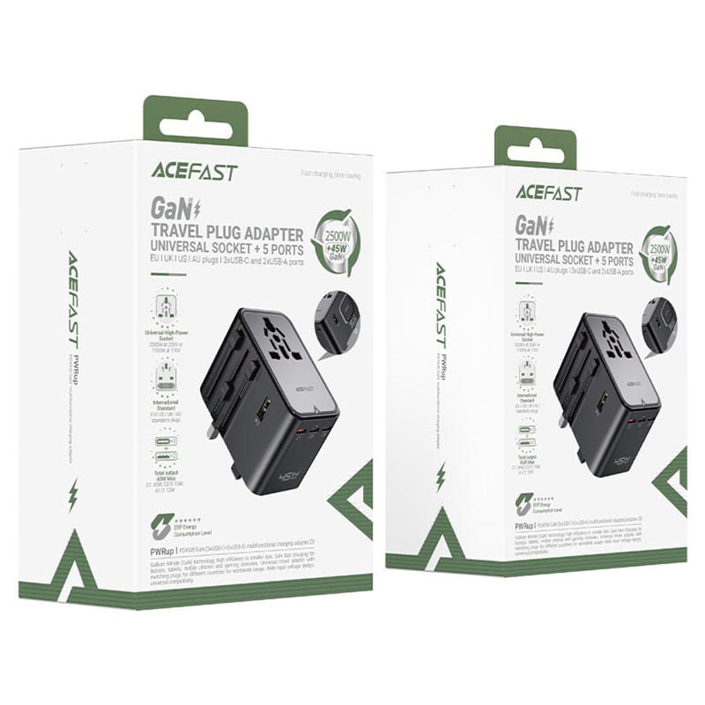 Carregador de Rede Acefast Z8 Travel, 45W, 3A, 2 x USB-A - 3 x USB-C, Preto