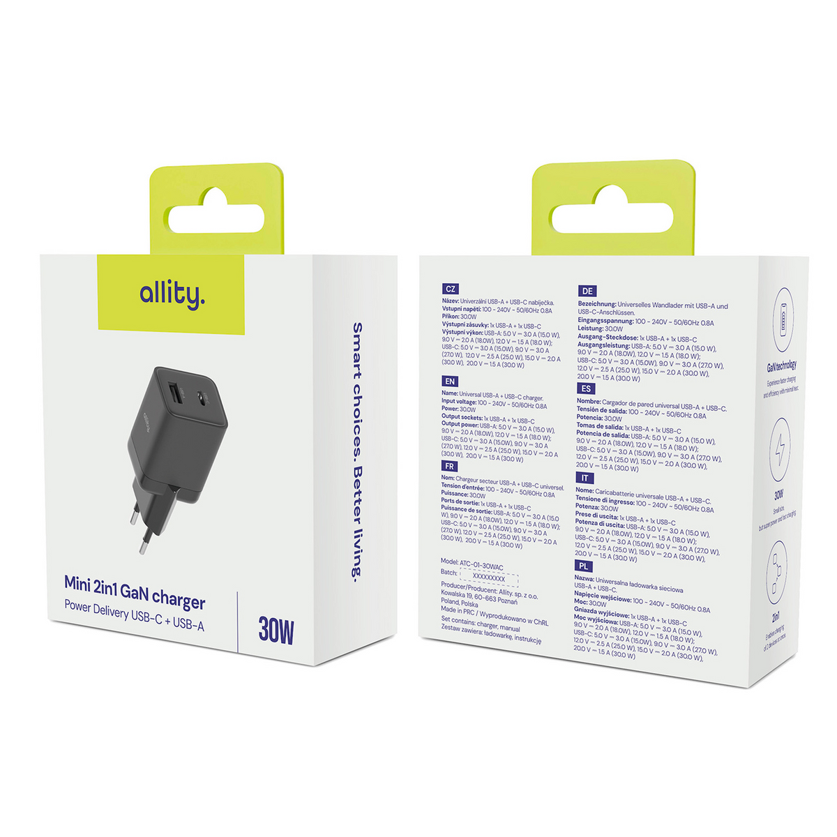 Carregador de Rede Allity. ATC-01-30WAC Mini, 30W, 3A, 1 x USB-A - 1 x USB-C, Preto