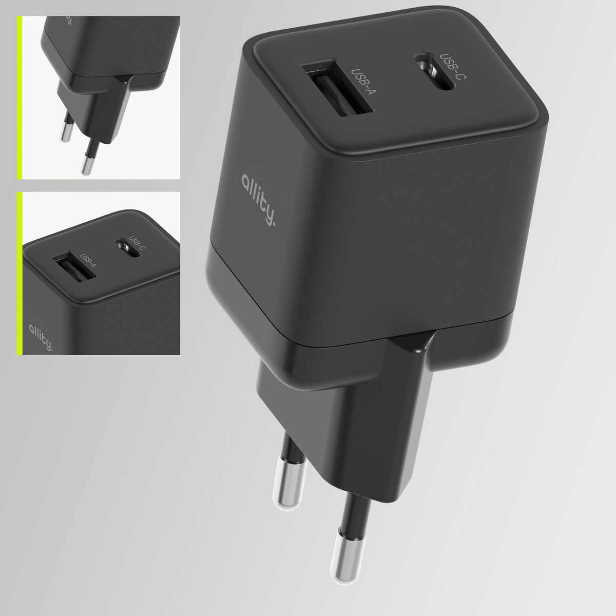 Carregador de Rede Allity. ATC-01-30WAC Mini, 30W, 3A, 1 x USB-A - 1 x USB-C, Preto
