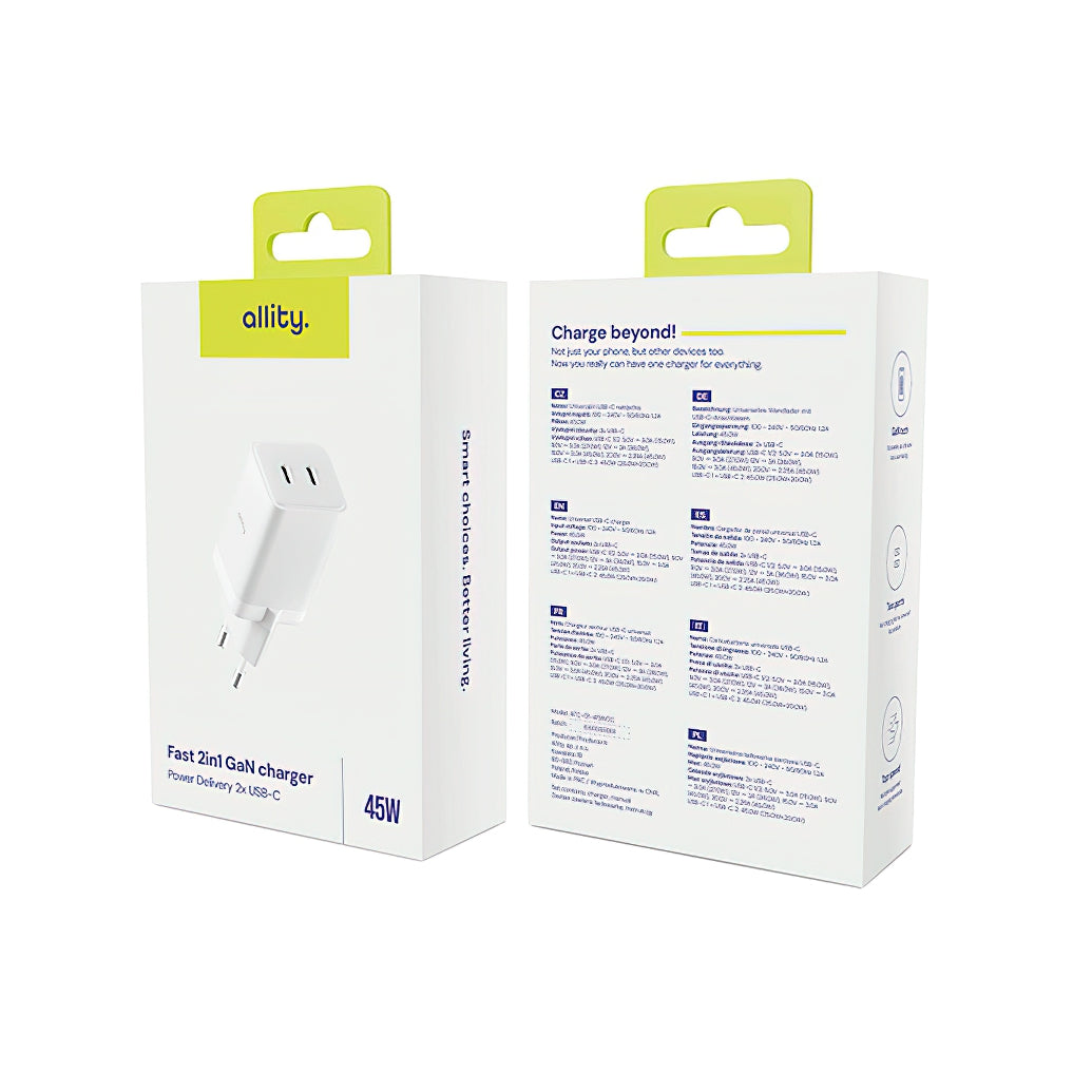 Carregador de Rede Allity. ATC-01-45WCC Fast, 45W, 3A, 2 x USB-C, Branco