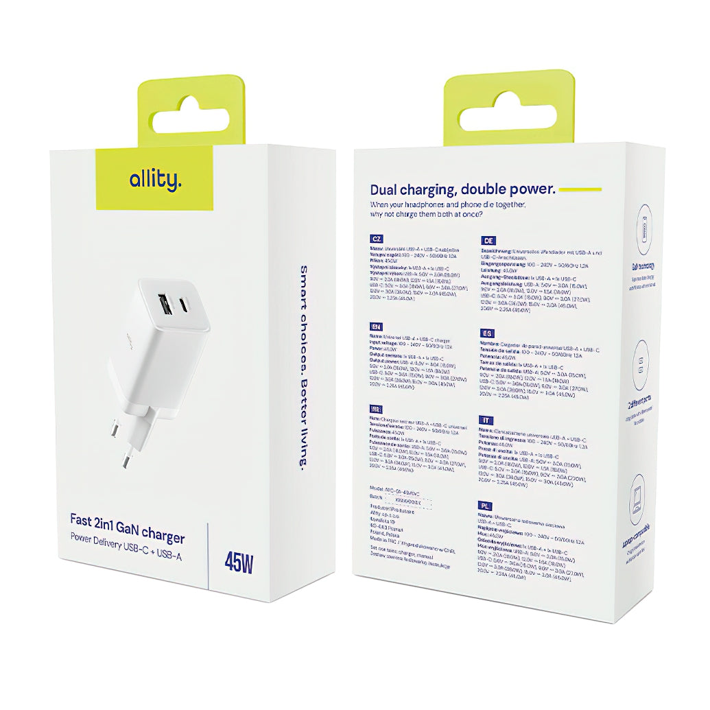 Carregador de Rede Allity. ATC-01-45WCC Fast, 45W, 3A, 1 x USB-A - 1 x USB-C, Branco