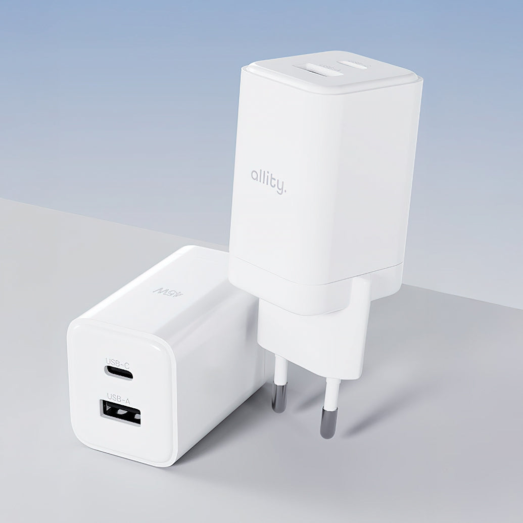 Carregador de Rede Allity. ATC-01-45WCC Fast, 45W, 3A, 1 x USB-A - 1 x USB-C, Branco