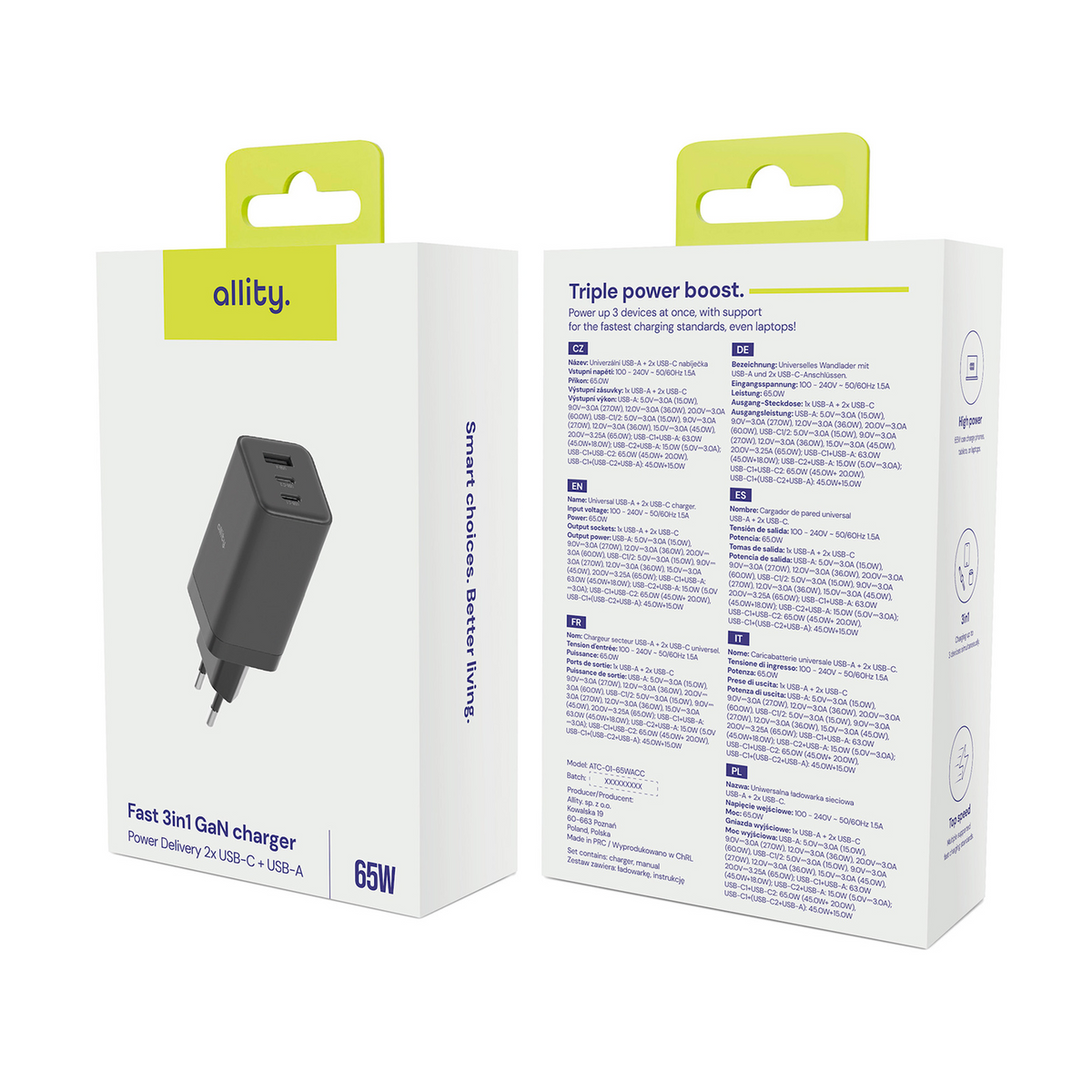 Carregador de Rede Allity. ATC-01-65WACC Fast, 65W, 3.25A, 1 x USB-A - 2 x USB-C, Preto