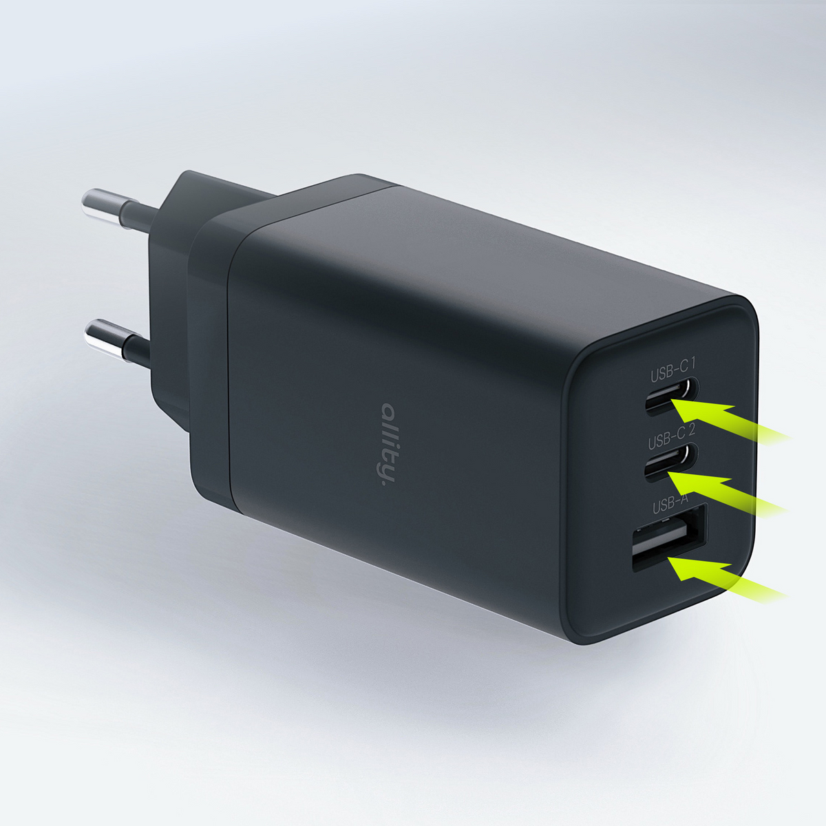 Carregador de Rede Allity. ATC-01-65WACC Fast, 65W, 3.25A, 1 x USB-A - 2 x USB-C, Preto