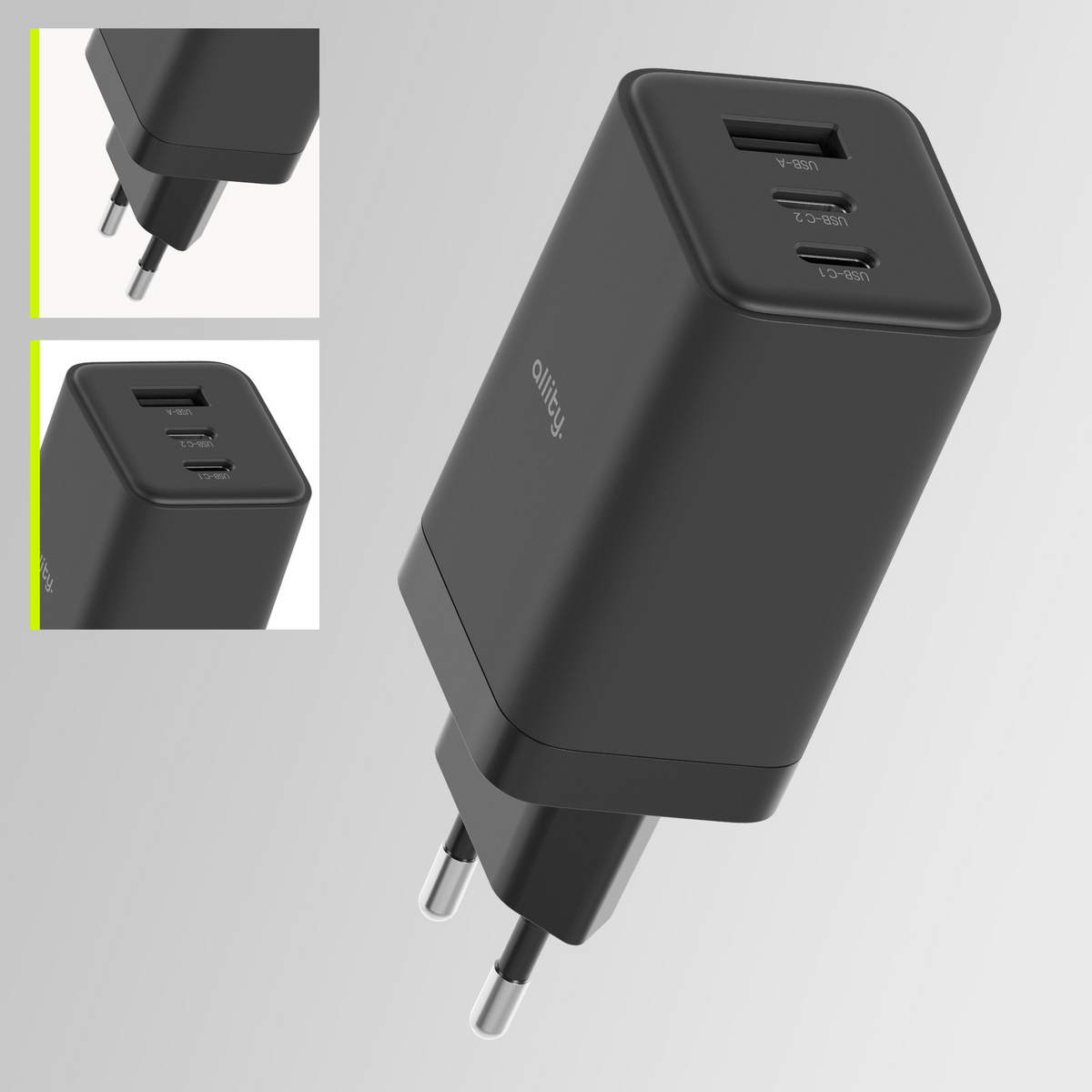 Carregador de Rede Allity. ATC-01-65WACC Fast, 65W, 3.25A, 1 x USB-A - 2 x USB-C, Preto
