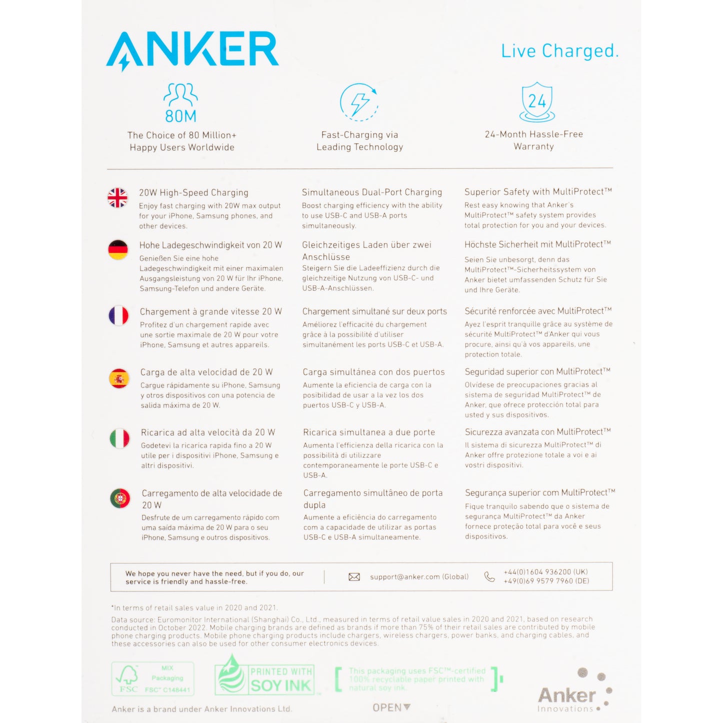 Carregador de rede Anker 312, 20W, 3A, 1 x USB-A - 1 x USB-C, branco A2348G21