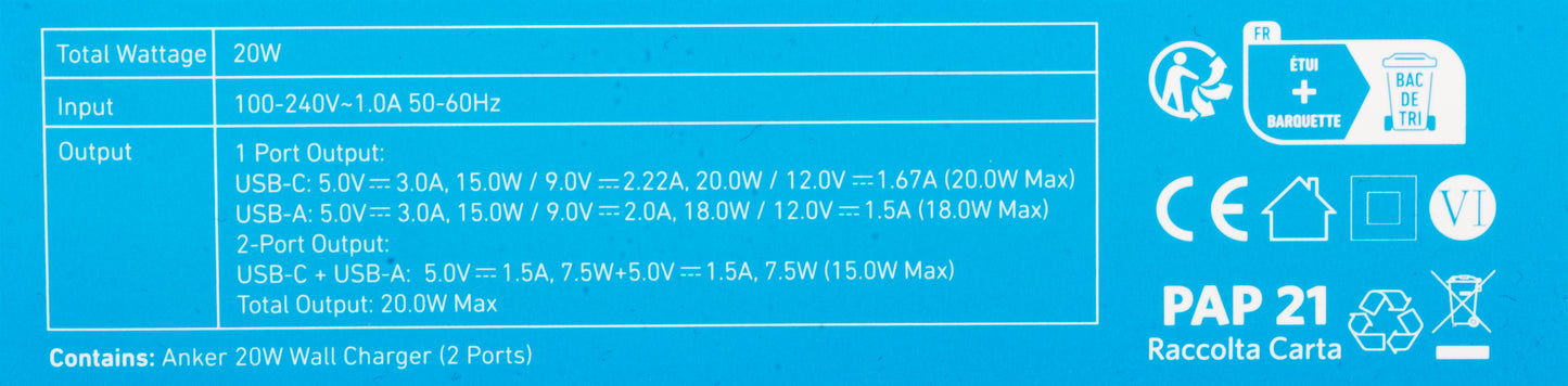 Carregador de rede Anker 312, 20W, 3A, 1 x USB-A - 1 x USB-C, branco A2348G21