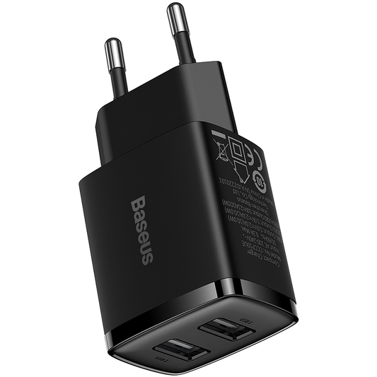 Carregador de rede compacto Baseus, 10,5 W, 2,1 A, 2 x USB-A, preto CCXJ010201