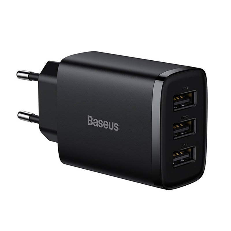 Carregador de rede Baseus Compact 3U, 17W, 2.1A, 3 x USB-A, preto CCXJ020101