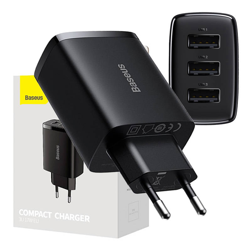 Carregador de rede Baseus Compact 3U, 17W, 2.1A, 3 x USB-A, preto CCXJ020101