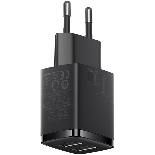 Carregador de rede compacto Baseus, 10,5 W, 2,1 A, 2 x USB-A, preto CCXJ010201