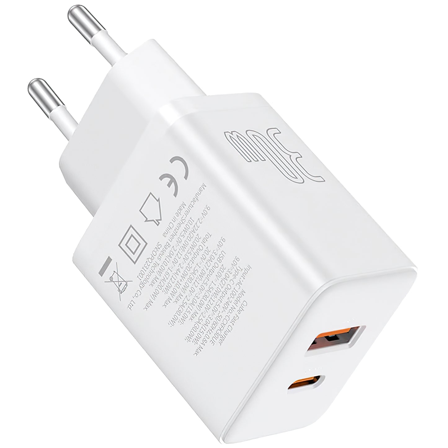 Carregador de rede Baseus Cube, 30 W, 2,4 A, 1 x USB-A - 1 x USB-C, branco P10111404213-00
