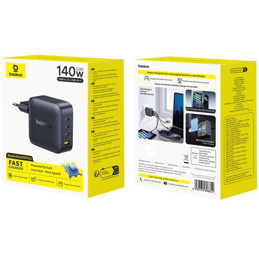 Carregador de Rede Baseus EnerFill FH11, 140W, 5A, 1 x USB-A - 3 x USB-C, Preto E0121J00