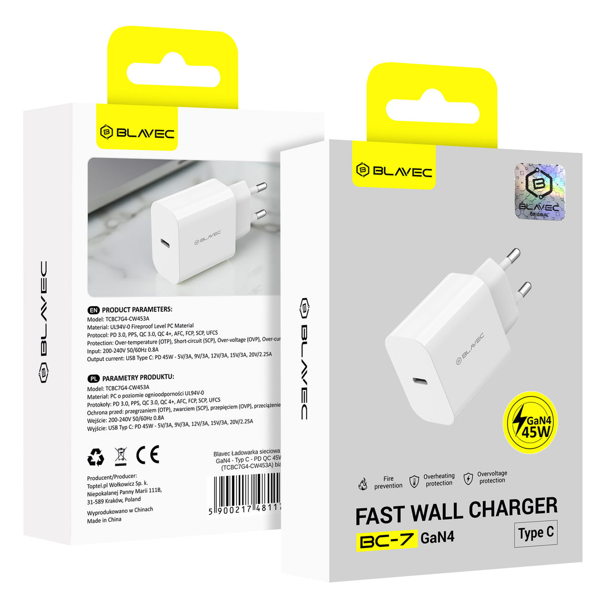 Carregador de Rede Blavec BC-7, 45W, 3A, 1 x USB-C, Branco