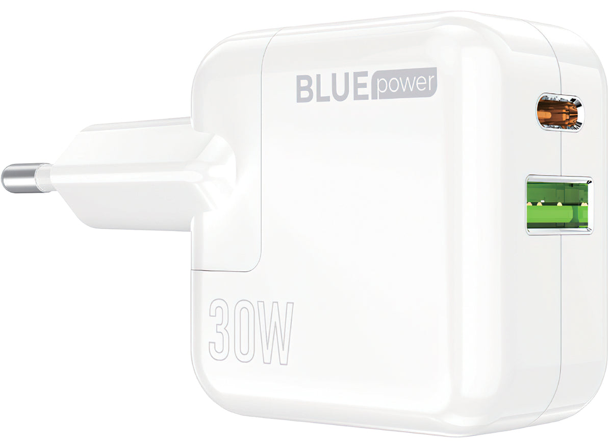 Carregador de rede BLUE Power BC111A, 30W, 3A, 1 x USB-A - 1 x USB-C, branco