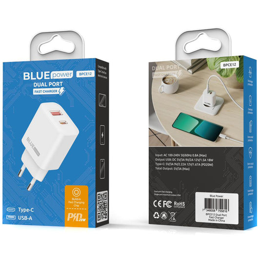 Carregador de rede Blue Power BPCE12, 20W, 3A, 1 x USB-A - 1 x USB-C, branco